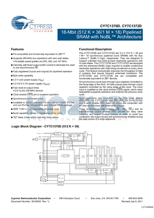 CY7C1370D-200BZI datasheet - 18-Mbit (512 K x 36/1 M x 18) Pipelined SRAM with NoBL Architecture