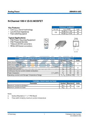 AM40N10-30D datasheet - N-Channel 100-V (D-S) MOSFET