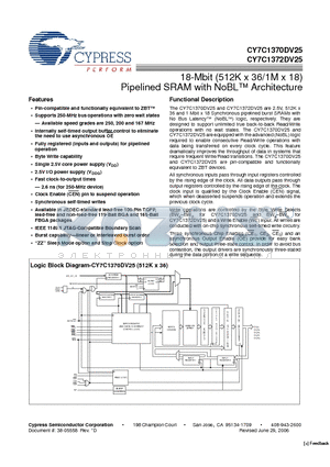 CY7C1370DV25 datasheet - 18-Mbit (512K x 36/1M x 18) Pipelined SRAM with NoBL Architecture