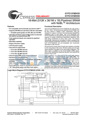CY7C1370DV25-167 datasheet - 18-Mbit (512K x 36/1M x 18) Pipelined SRAM with NoBL Architecture