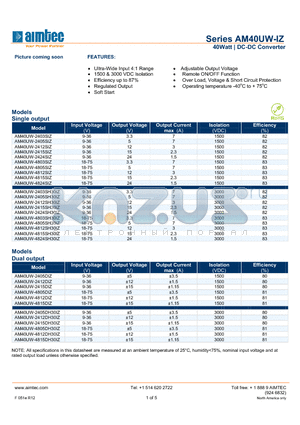 AM40UW-2405SH30IZ datasheet - 40Watt | DC-DC Converter