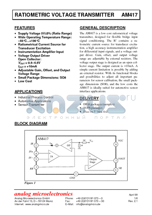 AM417 datasheet - RATIOMETRIC VOLTAGE TRANSMITTER