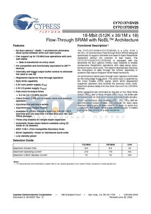 CY7C1371DV25-100AXC datasheet - 18-Mbit (512K x 36/1M x 18) Flow-Through SRAM with NoBL Architecture