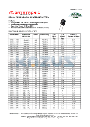 DR217-1-105 datasheet - RADIAL LEADED INDUCTORS
