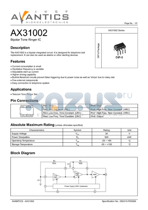 AX31002 datasheet - Bipolar Tone Ringer IC