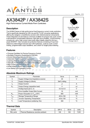 AX3842 datasheet - High Performance Current Mode Pwm Controlers
