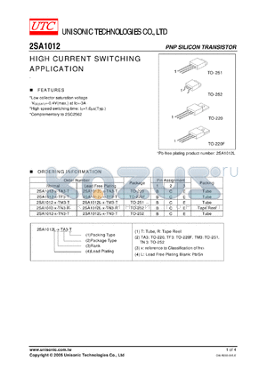 2SA1012L-Y-TN3-T datasheet - HIGH CURRENT SWITCHING APPLICATION