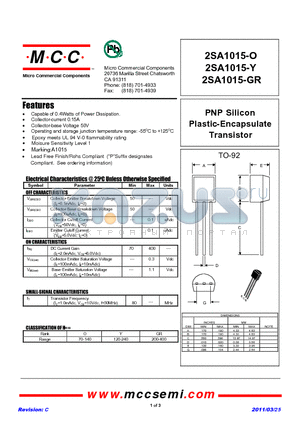 2SA1015-Y datasheet - PNP Silicon Plastic-Encapsulate Transistor