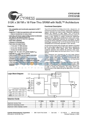 CY7C1373B-100BGI datasheet - 512K x 36/1M x 18 Flow-Thru SRAM with NoBL Architecture