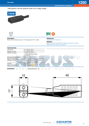 1250 datasheet - Interconnection Cord with Appliance Outlet For low voltage, Straight