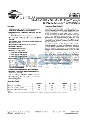 CY7C1373C-117BGI datasheet - 18-Mbit (512K x 36/1M x 18) Flow-Through SRAM with NoBL Architecture