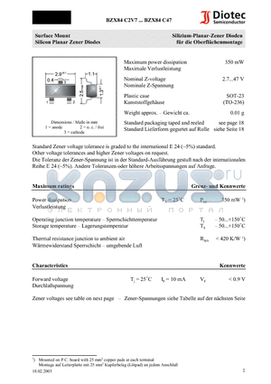 BZX84C27 datasheet - Surface Mount Silicon Planar Zener Diodes