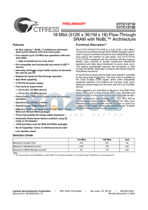 CY7C1373D-133AXI datasheet - 18-Mbit (512K x 36/1M x 18) Flow-Through SRAM with NoBLTM Architecture