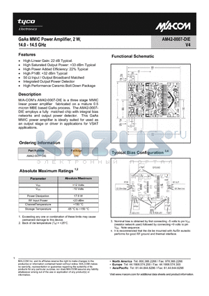 AM42-0007-DIE datasheet - GaAs MMIC VSAT Power Amplifier 2W 14.0 - 14.5GHz