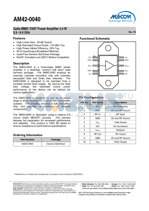 AM42-0040_V5 datasheet - GaAs MMIC VSAT Power Amplifier 2.0 W