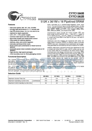 CY7C1380B-150BGC datasheet - 512K x 36/1M x 18 Pipelined SRAM
