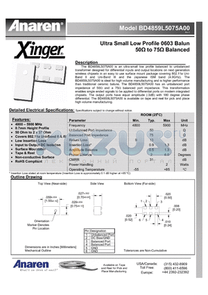 BD4859L5075A00 datasheet - Ultra Small Low Profile 0603 Balun 50Y to 75Y Balanced