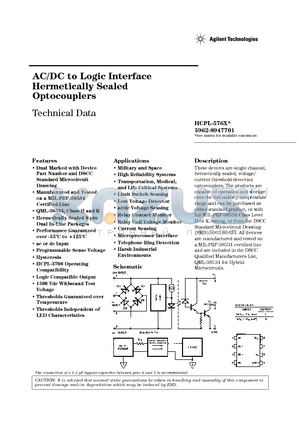 5962-8947702KPX datasheet - AC/DC to Logic Interface Hermetically Sealed Optocouplers