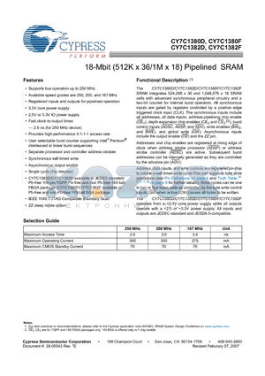 CY7C1380D-200BZXI datasheet - 18-Mbit (512K x 36/1M x 18) Pipelined SRAM