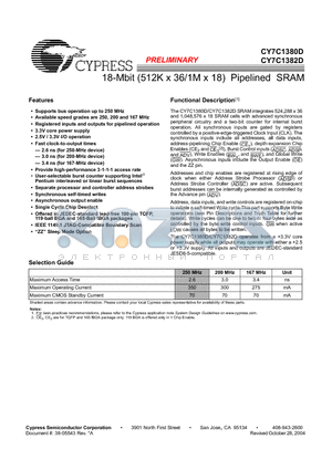 CY7C1380D-200AXC datasheet - 18-Mbit (512K x 36/1M x 18) Pipelined SRAM