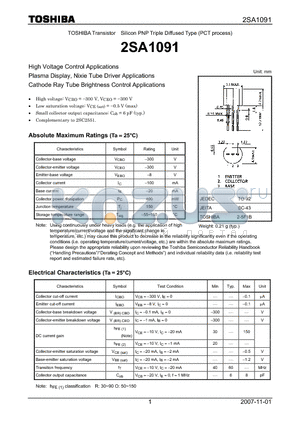 2SA1091 datasheet - High Voltage Control Applications Plasma Display, Nixie Tube Driver Applications Cathode Ray Tube Brightness Control Applications