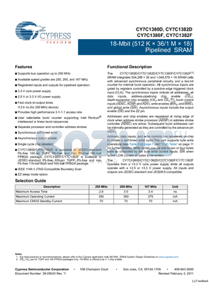 CY7C1380F datasheet - 18-Mbit (512 K  36/1 M  18) Pipelined SRAM