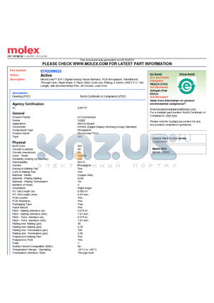 0743209033 datasheet - MicroCross DVI-I Digital/Analog Visual Interface, PCB Receptacle, PanelMountThrough Hole, Right Angle, 0.76lm (30l