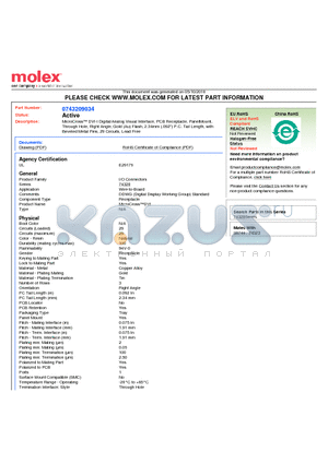 0743209034 datasheet - MicroCross DVI-I Digital/Analog Visual Interface, PCB Receptacle, PanelMount,Through Hole, Right Angle, Gold (Au) Flash, 2.34mm (.092