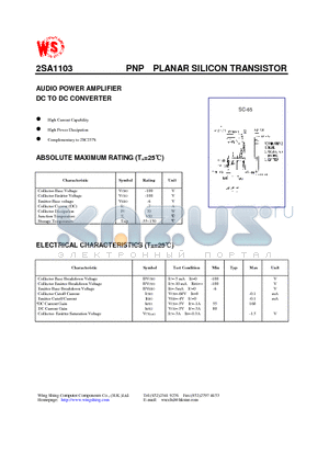 2SA1103 datasheet - PNP PLANAR SILICON TRANSISTOR(AUDIO POWER AMPLIFIER DC TO DC CONVERTER)