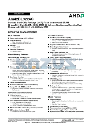 AM42DL3224GB55IT datasheet - 32 Megabit (4 M x 8-Bit/2 M x 16-Bit) CMOS 3.0 Volt-only, Simultaneous Operation Flash Memory and 4 Mbit (256 K x 16-Bit) Static RAM