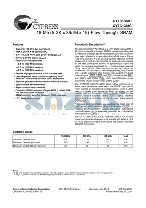 CY7C1381C-100BGC datasheet - 18-Mb (512K x 36/1M x 18) Flow-Through SRAM