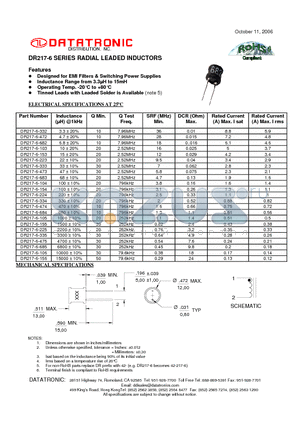 DR217-6-103 datasheet - RADIAL LEADED INDUCTORS