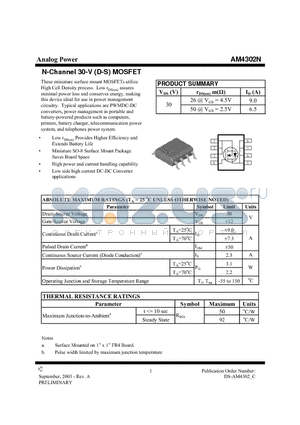 AM4302N datasheet - N-Channel 30-V (D-S) MOSFET