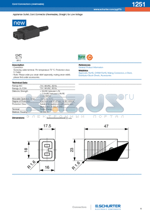 1251 datasheet - Appliance Outlet, Cord Connector (Rewireable), Straight, for Low Voltage