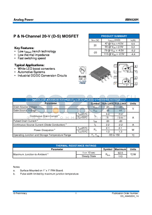 AM4520H datasheet - P & N-Channel 20-V (D-S) MOSFET