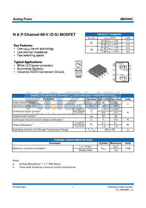 AM4599C datasheet - N & P-Channel 60-V (D-S) MOSFET
