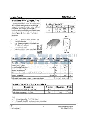 AM45N06-16D datasheet - N-Channel 60-V (D-S) MOSFET