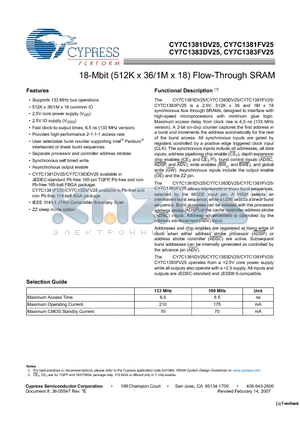 CY7C1381DV25-133BZXI datasheet - 18-Mbit (512K x 36/1M x 18) Flow-Through SRAM