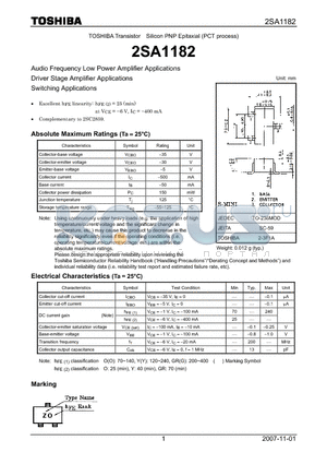 2SA1182 datasheet - Audio Frequency Low Power Amplifier Applications Driver Stage Amplifier Applications Switching Applications