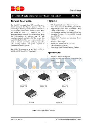 AM4953 datasheet - BTL Drive Single-phase Full-wave Fan Motor Driver