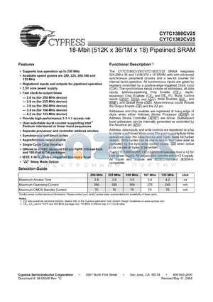 CY7C1382CV25 datasheet - 18-Mbit (512K x 36/1M x 18) Pipelined SRAM