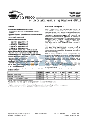 CY7C1382C-250AC datasheet - 18-Mb (512K x 36/1M x 18) Pipelined SRAM