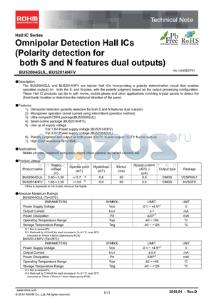 BD52014HFV-TR datasheet - Omnipolar Detection Hall ICs (Polarity detection for both S and N features dual outputs)