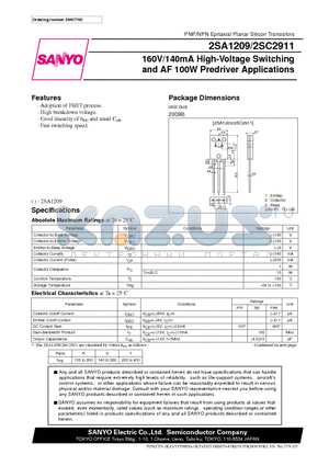 2SA1209 datasheet - 160V/140mA High-Voltage Switching and AF 100W Predriver Applications