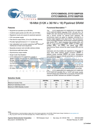 CY7C1382DV25-200BZXC datasheet - 18-Mbit (512K x 36/1M x 18) Pipelined SRAM
