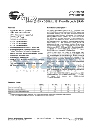 CY7C1383CV25-133AC datasheet - 18-Mbit (512K x 36/1M x 18) Flow-Through SRAM