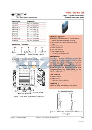 DR24A25 datasheet - Single Output to 30A 510 Vac DIN-Rail Solid-State Relay