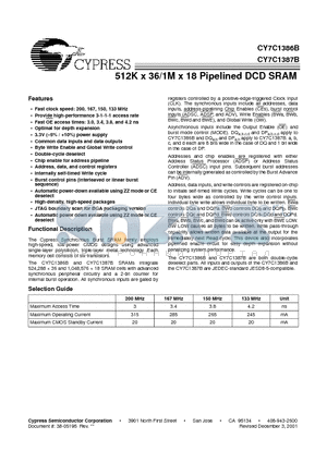 CY7C1386B-150BZI datasheet - 512K x 36/1M x 18 Pipelined DCD SRAM