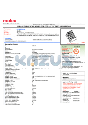 0752372104 datasheet - 1.85mm by 1.85mm (.073 by .073) Pitch 5-Pair GbX^ Backplane Connector System, Left Guide Header, 100 Circuits, Gold (Au) 0.76lm (30l), Pin Length 4.55mm (.179)