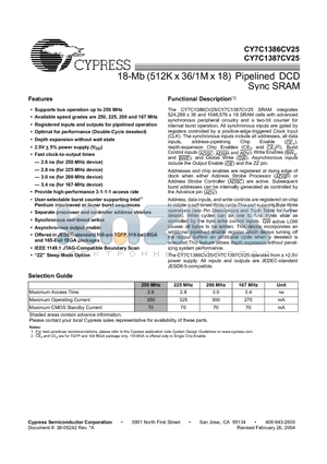 CY7C1386CV25-167BG datasheet - 18-Mb (512K x 36/1M x 18) Pipelined DCD Sync SRAM